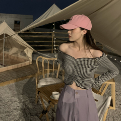 Real shot real price ~ Korean summer slim show collars Long Sleeve Plaid T 2 color