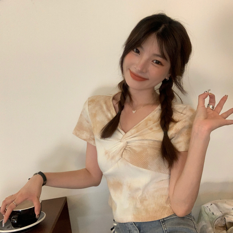 Real shot real price ~ Korean summer sunset time tie dye front kink short sleeve top