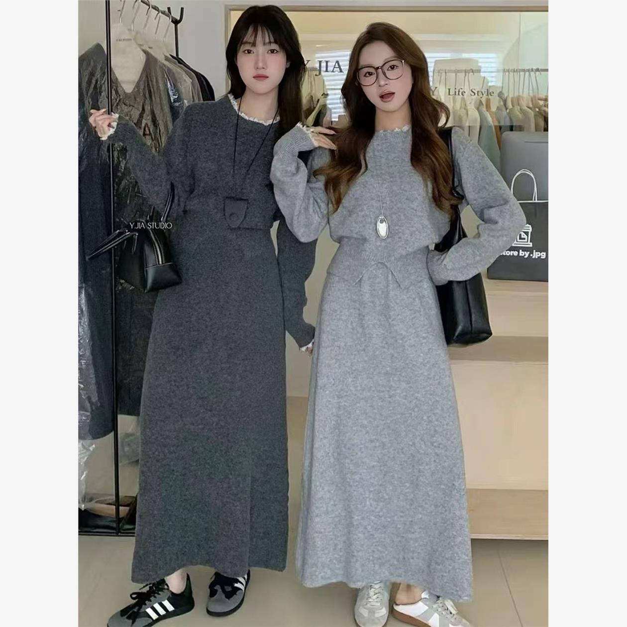 温柔风蕾丝拼接毛衣套装女秋冬新款设计感针织上衣半身裙两件套潮