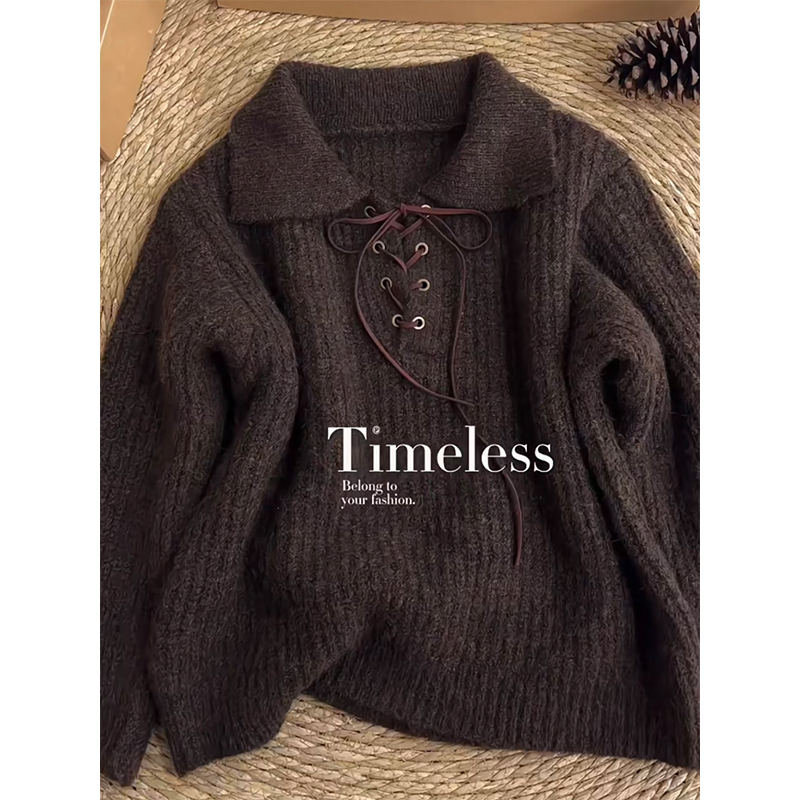 复古半开领绑带毛衣女秋