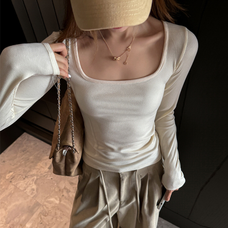 莫代尔螺纹韩系风方领正肩长袖打底衫女内搭秋冬季高级感上衣t恤