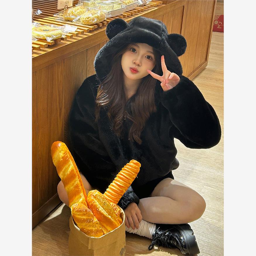 小熊耳朵连帽羊羔毛外套女冬季水貂毛加绒加厚环保皮草毛毛大衣