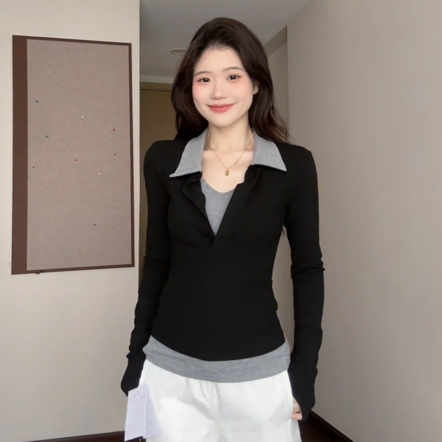 大码胖mm早秋设计感撞色拼接假两件长袖T恤女秋冬内搭打底衫上衣