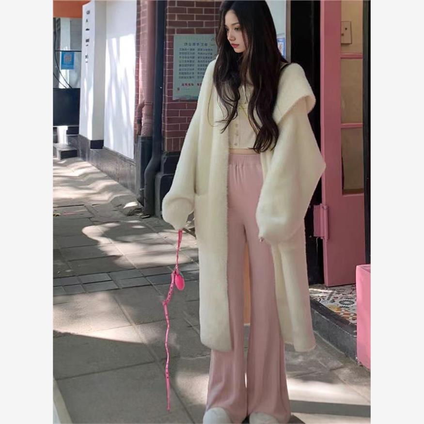 韩剧高级感穿搭中长款连帽针织开衫秋冬奶fufu软糯彷水貂绒外套女