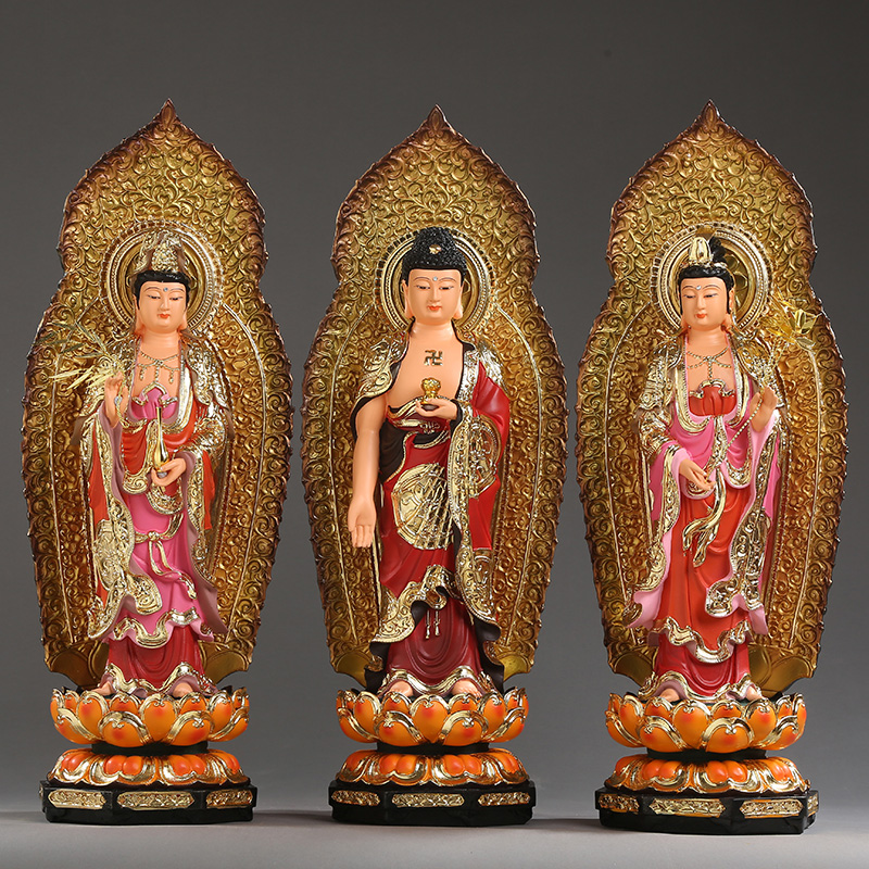 彩绘西方三圣树脂佛像站像 阿弥陀佛观世音大势至菩萨 玻璃钢摆件