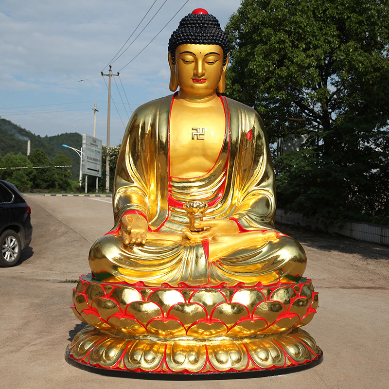 供奉寺庙如来佛祖 树脂佛像鎏金彩绘释迦佛 3米高三宝佛 阿弥陀佛