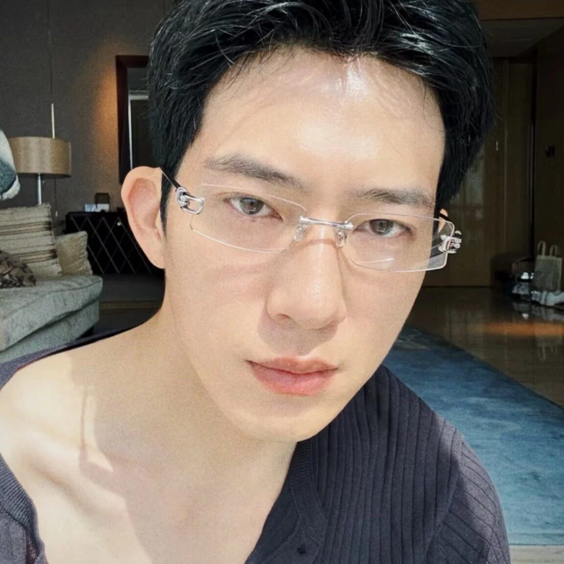 井柏然同款银色无边框眼镜方形窄框男士潮男痞帅斯文败类太阳镜女