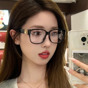 网红黑色双B字方形眼镜素颜显瘦欧美平光镜可配度数时尚气质轻奢