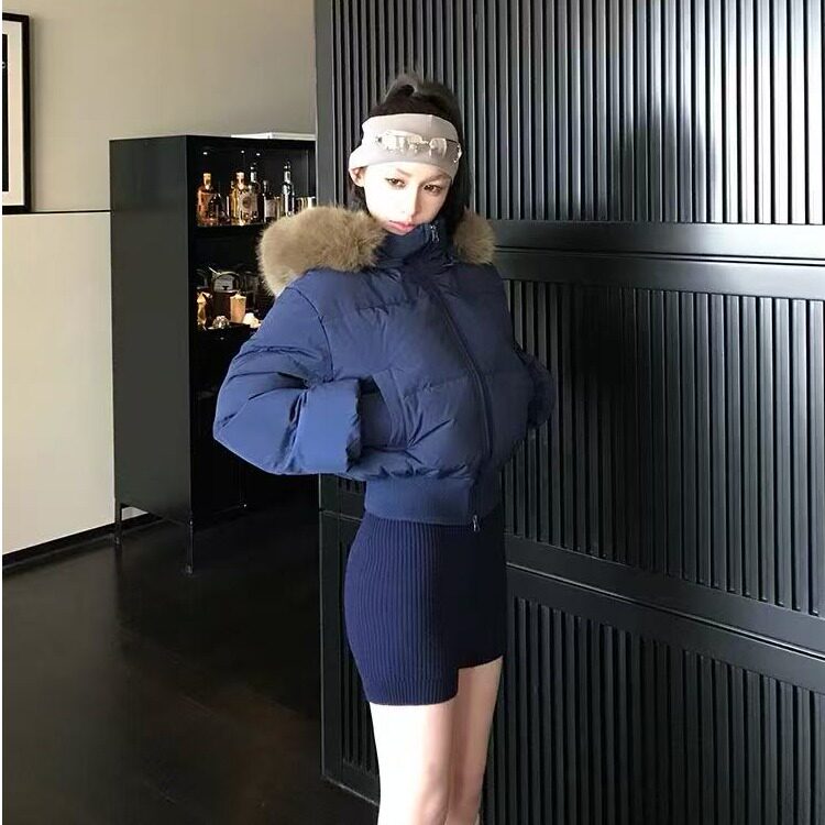 韩里韩气学院风冬季毛领连帽收腰显瘦加厚短款羽绒棉服女