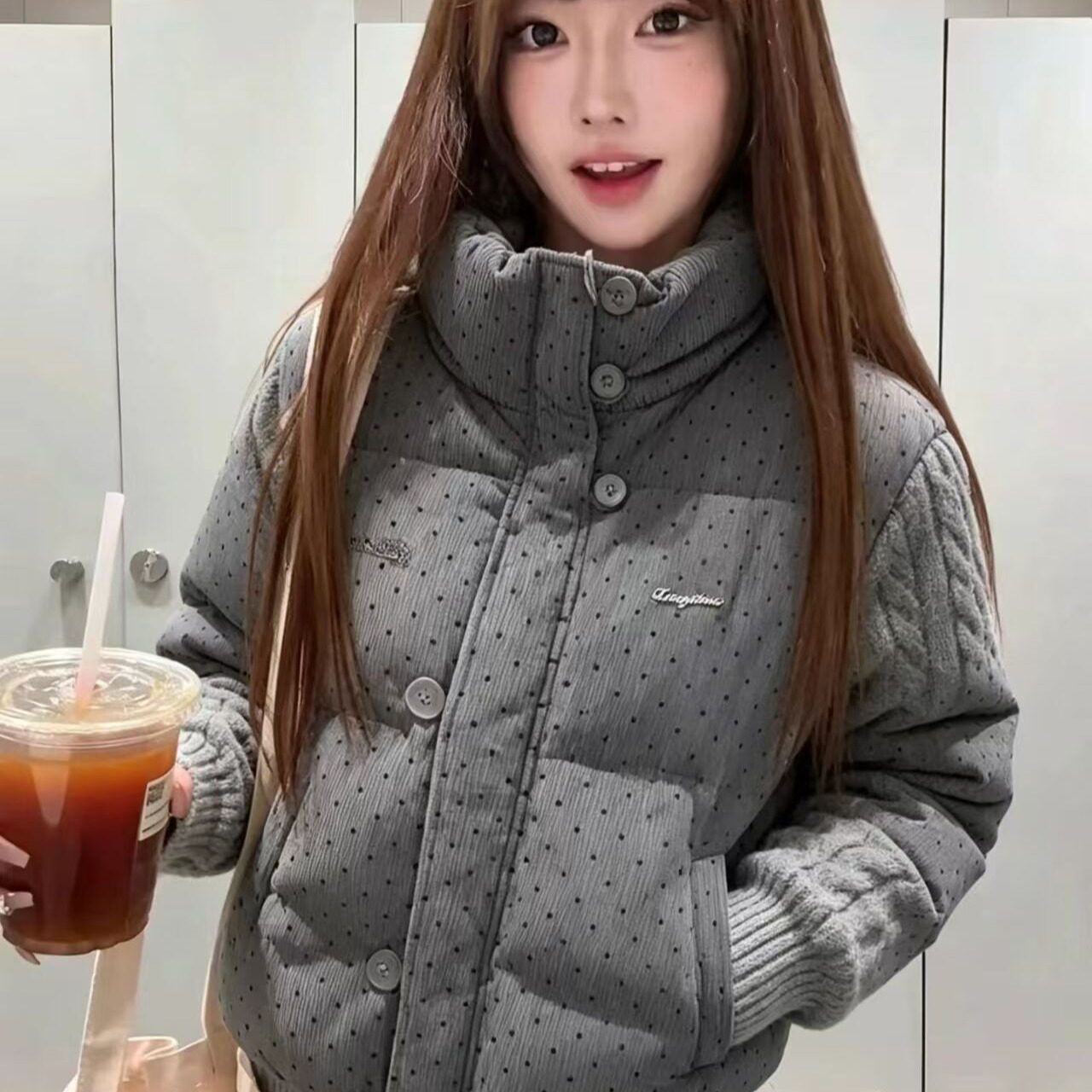 韩系甜美波点针织拼接长袖冬季棉服女宽松短款保暖加厚面包服外套
