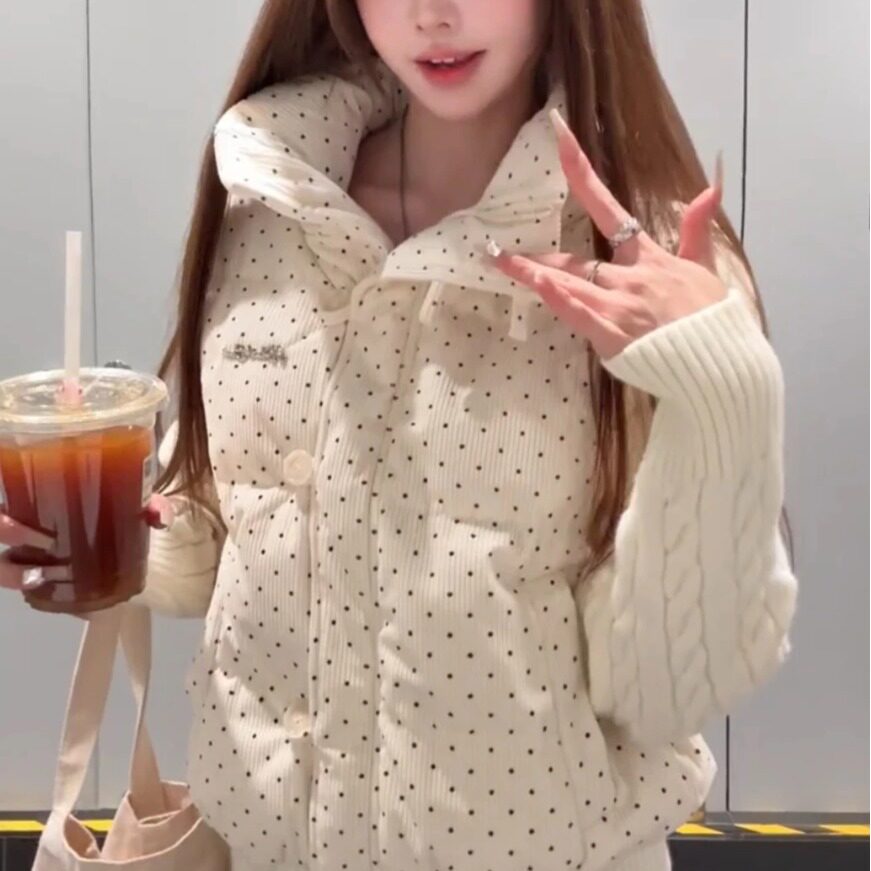 韩系甜美针织拼接长袖羽绒棉服女冬季新款保暖夹棉袄加厚立领外套