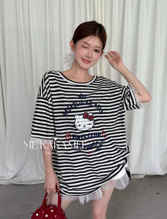 ME KAKAMEE夏新品喷画KT猫拼接蕾丝边设计感大版T恤短袖T恤 9503