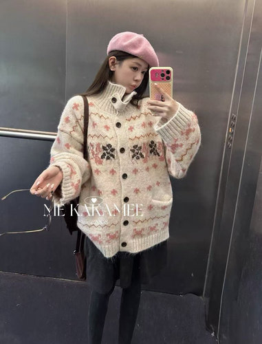 ME KAKAMEE秋冬新品韩版可立领提花慵懒毛衣开衫外套女 K027