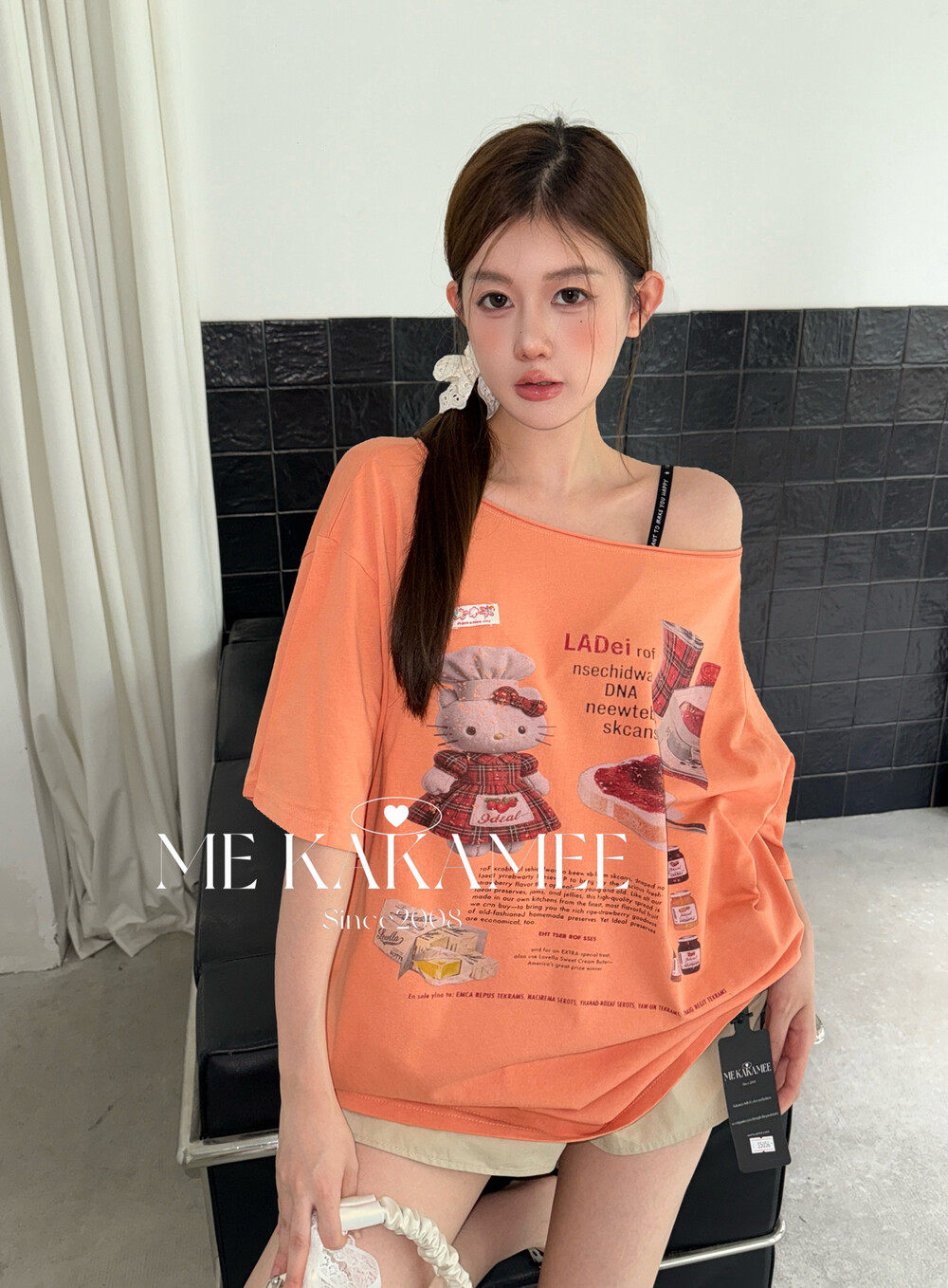 ME KAKAMEE夏新品韩系甜品KT猫字母斜肩宽松大版短袖T恤S5056