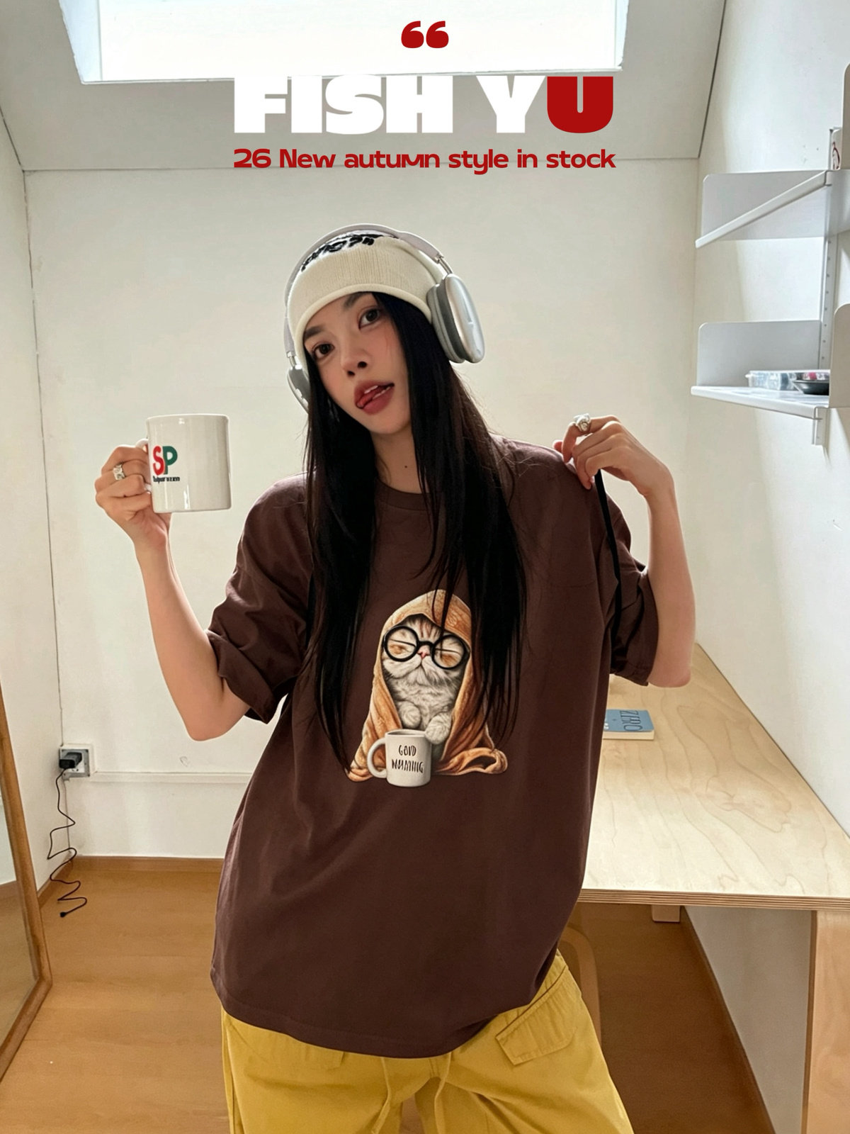 FISH YU美式复古头巾猫咪印花立体眼镜拱桥绣宽松短袖T恤626555