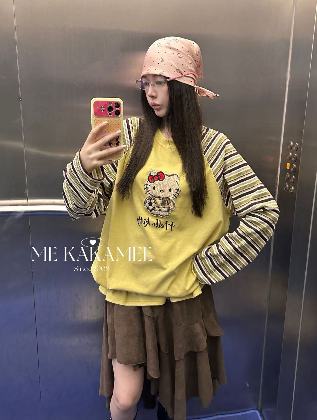 ME KAKAMEE秋新品立体足球KT猫章仔撞色设计插肩长袖T恤9693