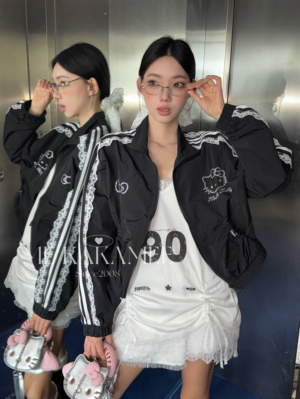 ME KAKAMEE秋Hellokitty重工烫钻工艺蕾丝拼接撞色抽绳外套S5519