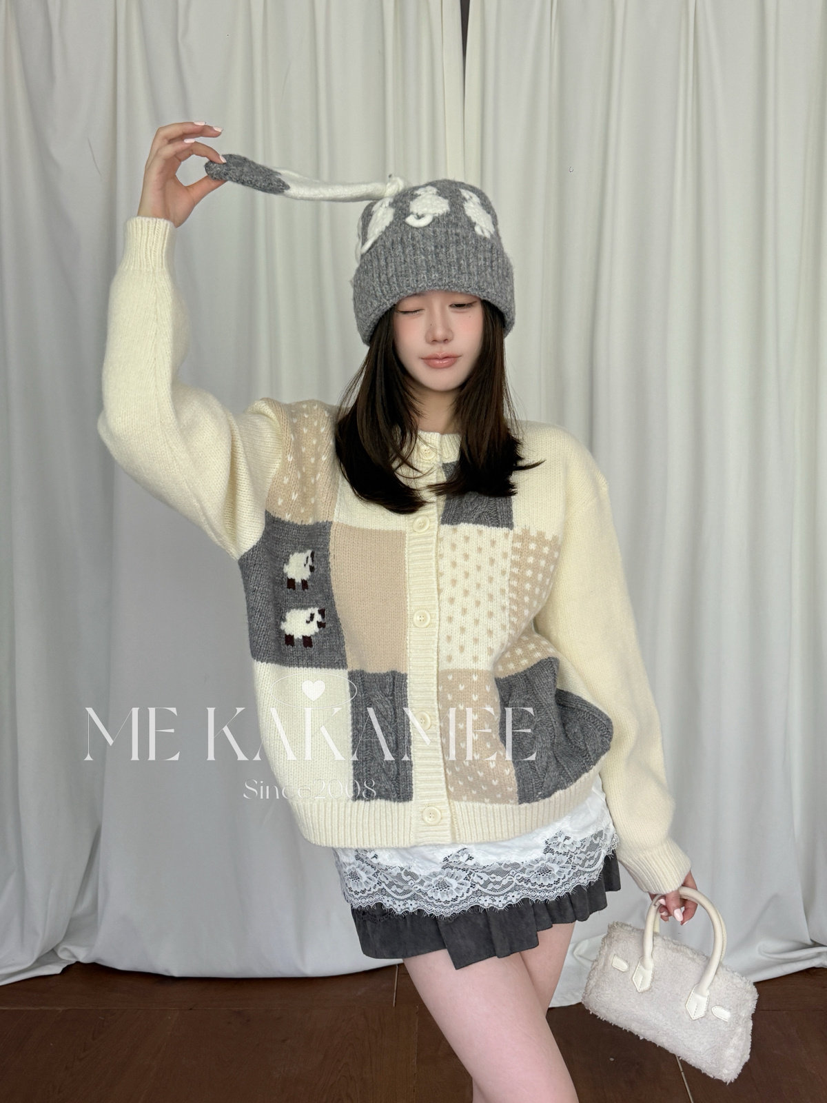 ME KAKAMEE秋新品韩系慵懒碎花小羊提花开衫宽松大版毛衣A3785