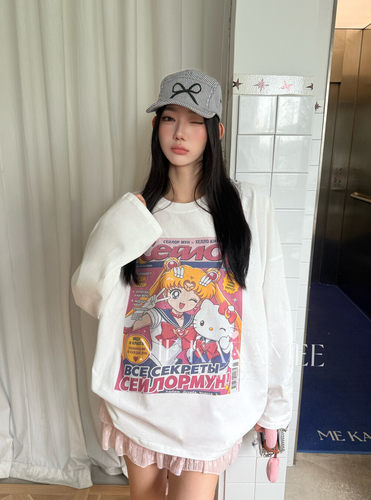 ME KAKAMEE秋新品复古美少女KT彩喷水洗炒纱宽松大版长袖T恤S5585