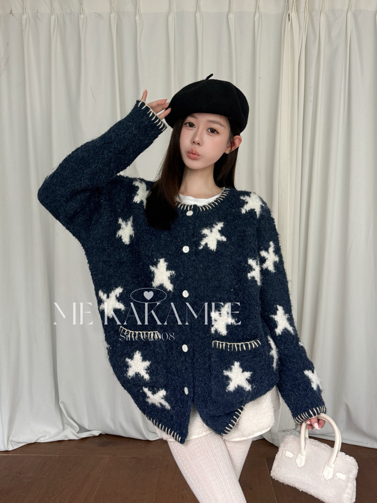 ME KAKAMEE秋新品韩系慵懒星星提花厚实开衫宽松大版毛衣A3791