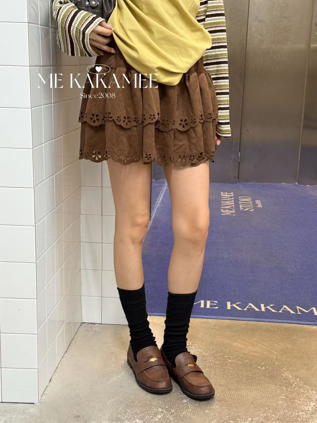 ME KAKAMEE秋新品烧花工艺设计麂皮绒短裙带安全裤半身裙1209