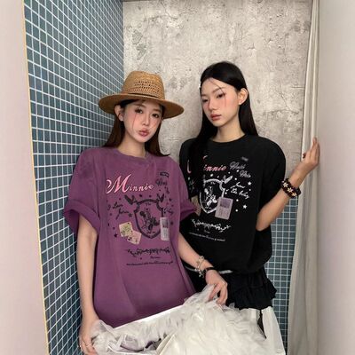 ME KAKAMEE十三行春夏洗水工艺喷画MQ花边裙摆大版短袖T恤女