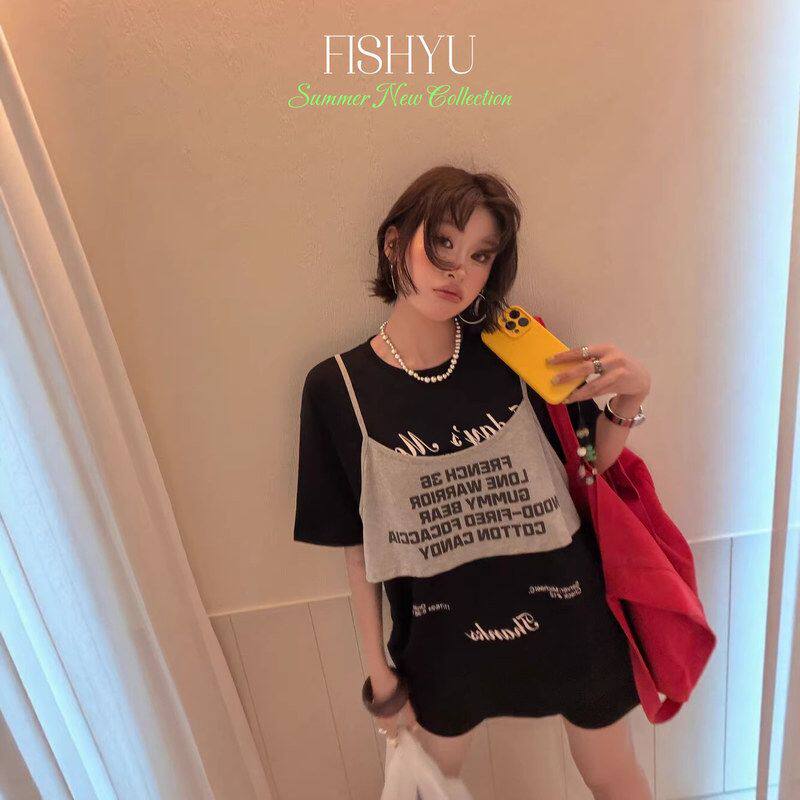 十三行FISHYU夏季新款韩系叠穿设计感假两件字母印花短袖t恤26155