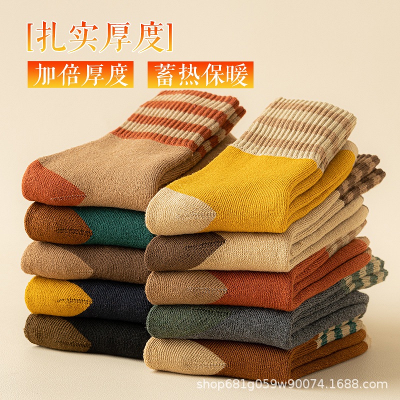 诸暨袜子女加厚秋冬中筒全棉加绒保暖毛圈条纹堆堆袜女士毛巾袜