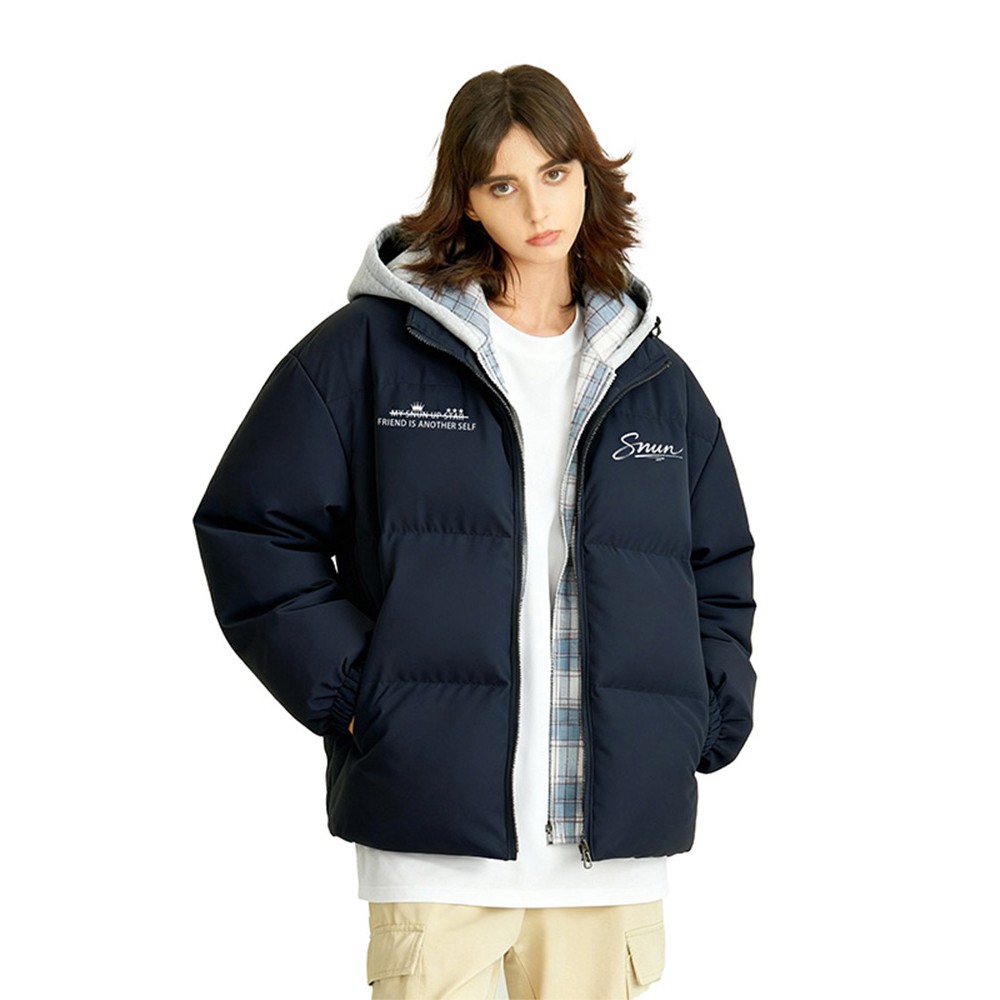 SNUN 美式双排字母加厚保暖假两件拉链开衫棉服棉袄连帽保暖棉衣