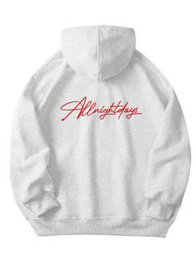 SNUN 草体签名字母灰色加绒连帽卫衣秋冬情侣复古简约套头帽衫