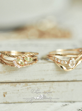 Wellen.海浪乐谱 日系同款个性精致天然橄榄石/月光石925纯银戒指