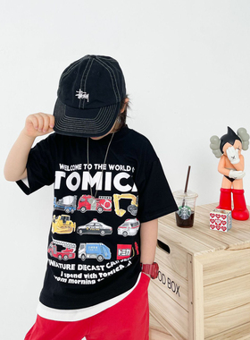 25新款儿童小汽车印花宝宝短袖T恤男女童潮帅打底T恤