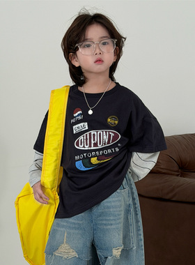 奶酪与喵童装男童假两件T恤2026年春款藏青拼接洋气儿童休闲长袖