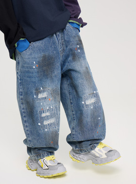 2026春季新款男童个性泼墨补丁休闲裤中大童做旧复古宽松牛仔裤潮