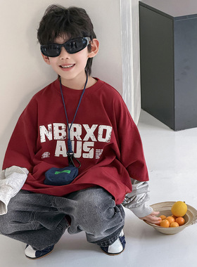 棉小铺男童春季韩版童装2026新款红色假两件卫衣