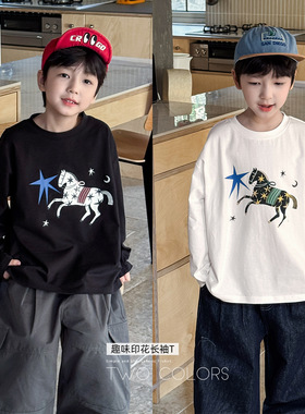 童酷2026男童春季新款卡通小马印花宝宝打底衫圆领长袖儿童T恤潮