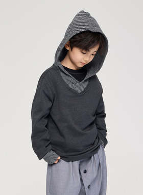 2026春季新款儿童假两件条纹拼接打底衫T恤男童宽松休闲连帽卫衣