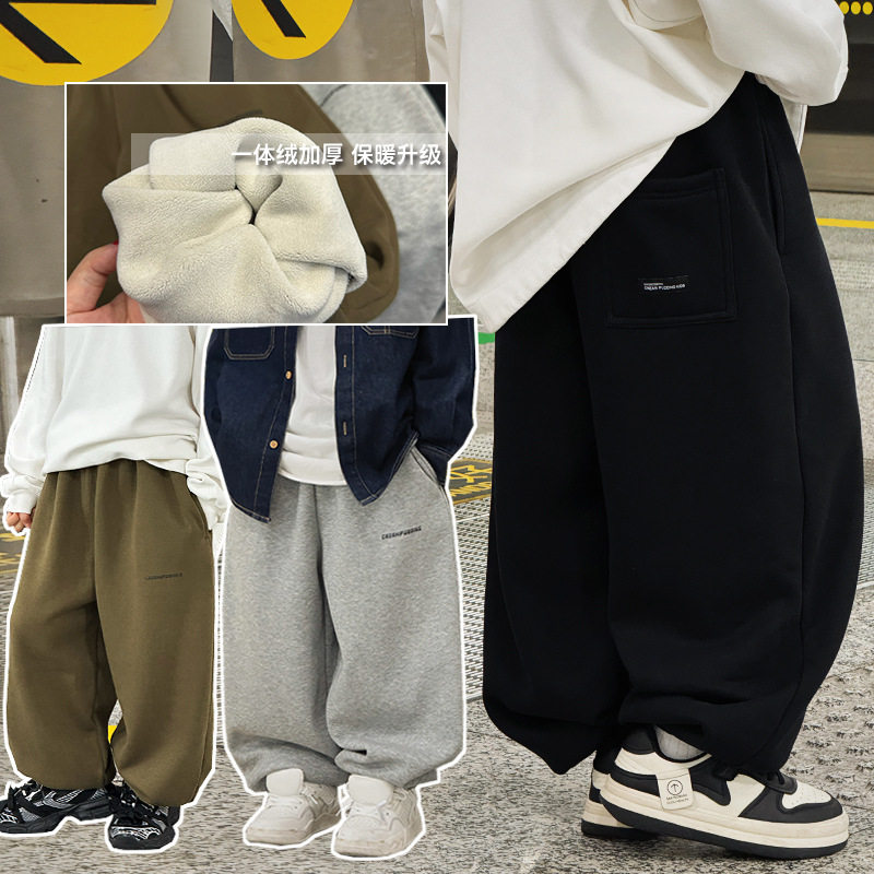 宝多童装男童冬季加绒裤子帅气2025新款秋冬一体绒100-170卫裤潮