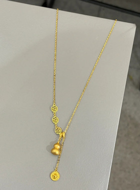 福牌小葫芦流苏吉祥如意项链黄金色仿沙金磨砂福禄吊坠高级感饰品