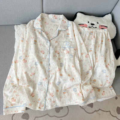 工厂直销云朵棉新款睡衣女长袖长裤开衫翻领卡通大码家居服套装