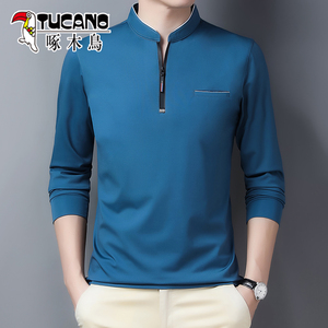 啄木鸟2025春秋季新款长袖T恤男士休闲卫衣半拉链立领打底POLO衫