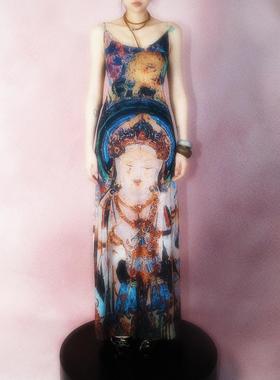 99percent原创敦煌定制印花双层网纱弹力荡领修身吊带连衣裙长裙