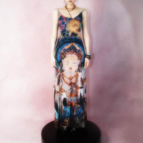 敦煌印花谭燕玉风网纱紧身吊带裙