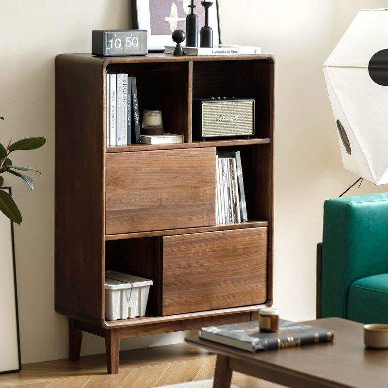 梦天然|北美黑胡桃木实木落地书柜书架书橱原木展示柜储物柜带门