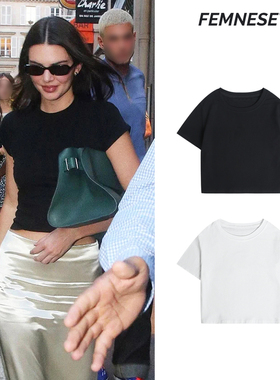 肯豆Kendall Jenner同款纯棉百搭圆领短袖T恤修身打底短上衣女夏