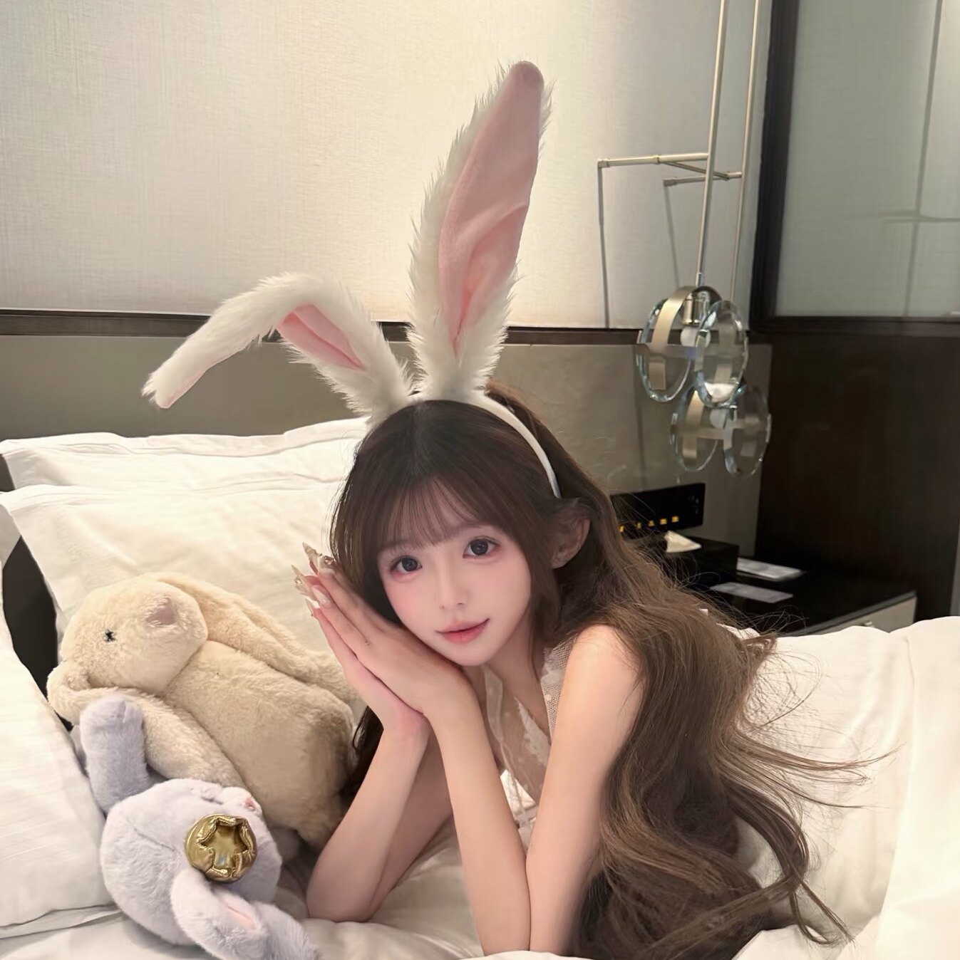 粉色兔耳朵发箍可爱毛绒头箍兔女郎网红cos拍照道具主播发窟发饰