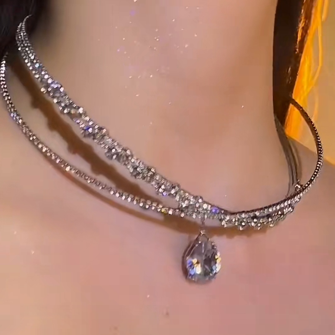 欧美奢华锆石水滴吊坠项链水钻颈环发卡生日派对高级感颈链首饰女