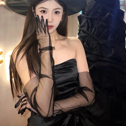 性感黑色网纱长手套万圣节暗黑天使晚礼服配饰结婚写真拍照道具