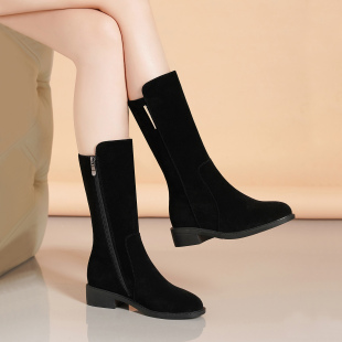 2025秋冬新款真皮中筒靴女磨砂皮中跟粗跟瘦瘦靴绒面加绒时尚女鞋