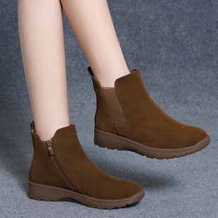 2025秋冬新款真皮短靴女磨砂皮切尔西靴中跟平底短筒裸靴保暖女鞋